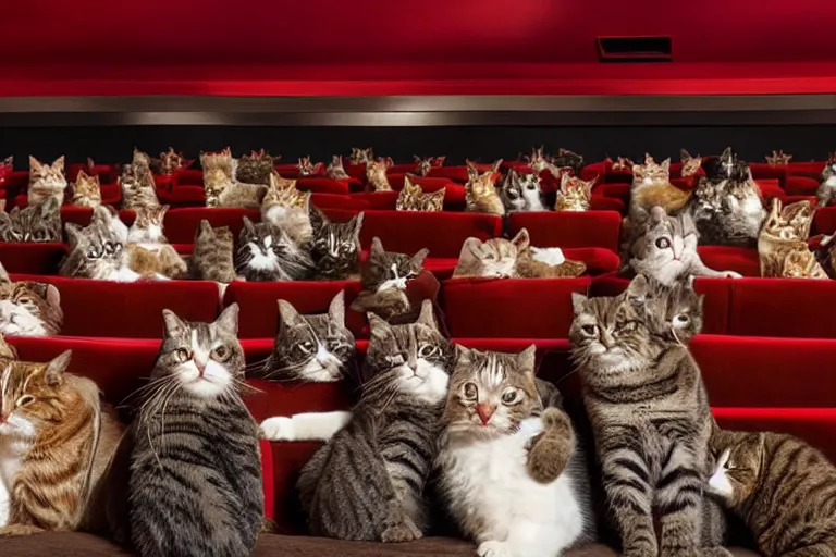 Image similar to full view of a movie theater full of cats sitting watching a movie