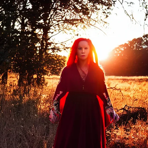 Prompt: Beautiful red haired warrior priestess, sunset, backlit, photograph, Sony A7III, 35mm, f2,5