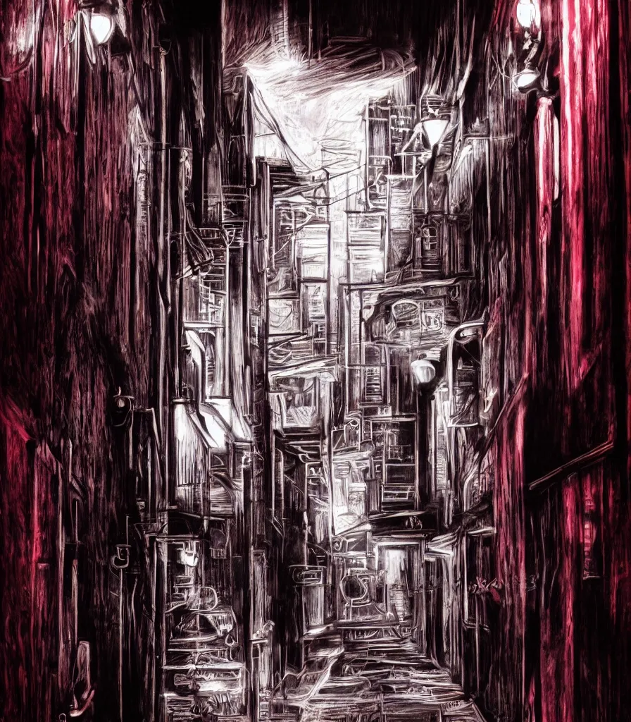 Prompt: charcoal sketch alleyway red neon signs