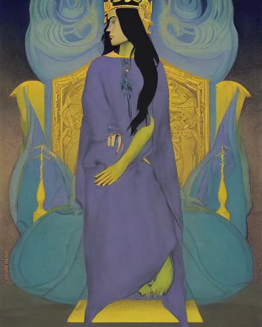 Prompt: an illustration of a queen on a throne at night by johann heinrich fussli, by nicholas roerich, by georgia o keeffe, realistic, detailed, oil painting, 1 9 th