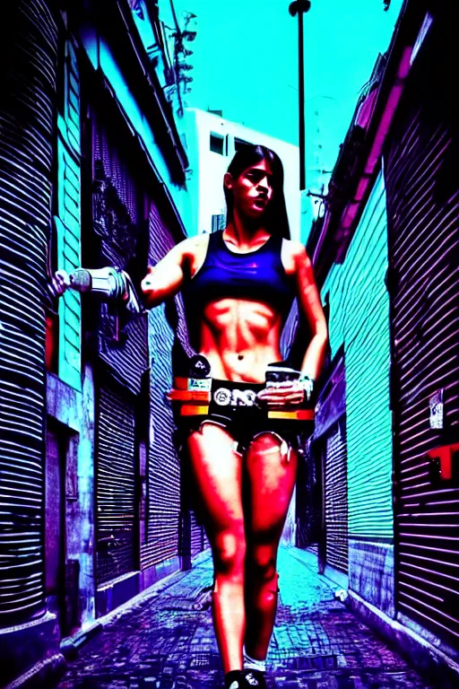 Prompt: buenos aires argentina cyberpunk strong girl sweating, digital sci - fi streets night, soft instagram fantasy art