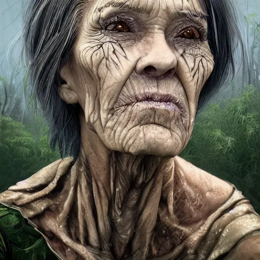 Prompt: fantasy portrait of an emaciated yet energetic old woman with silky, cloudy grey hair, black scars on her face, swamp vegetation in the background, nocturnal palette, art by greg rutowski, raphael lacoste, eddie mendoza, artgerm, trending on artstation