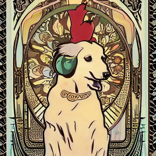 Prompt: a cute dog in the style of alphonse mucha