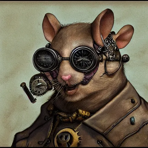 Image similar to a rat with steampunk googles, by john howe