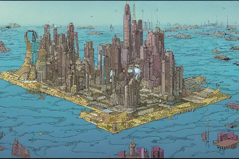 Prompt: a metropolis built on a island floating above the sea in the sky, waterfalls fall from the island into the sea, by moebius