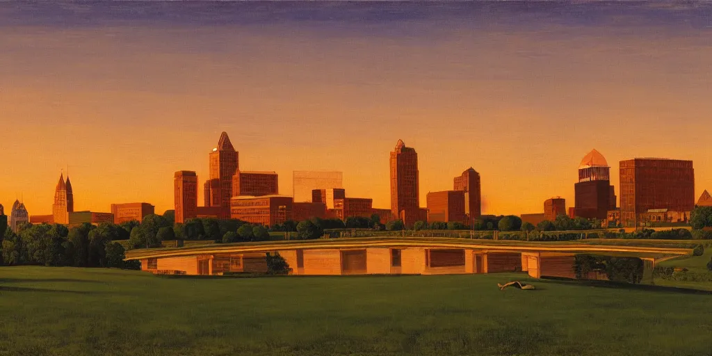 Prompt: a beautiful painting of Columbus Ohio by Rockwell Kent, golden hour, 8k, 4k