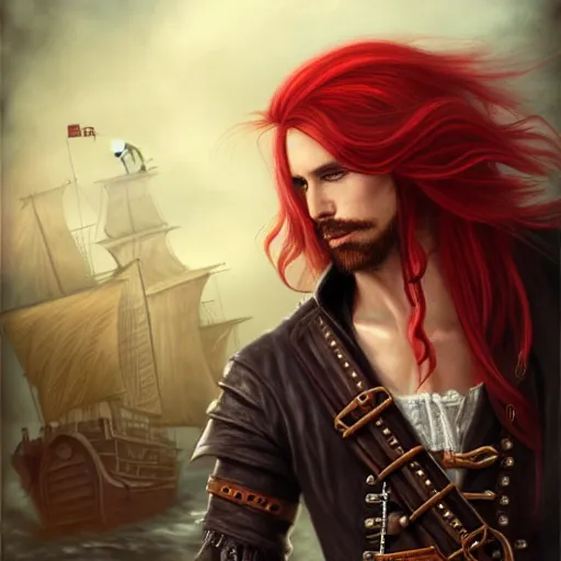 Prompt: portrait of a male pirate with long red hair!!!!!!, upper body, loose braids, handsome, leather coat, side profile, Steampunk airship!!!!!!!, D&D, fantasy, simple clothing!!!!, elegant, highly detailed, digital painting, deviantart, artstation, concept art, sharp focus, illustration, art by Artgerm and Greg Rutkowski and Alphonse Mucha