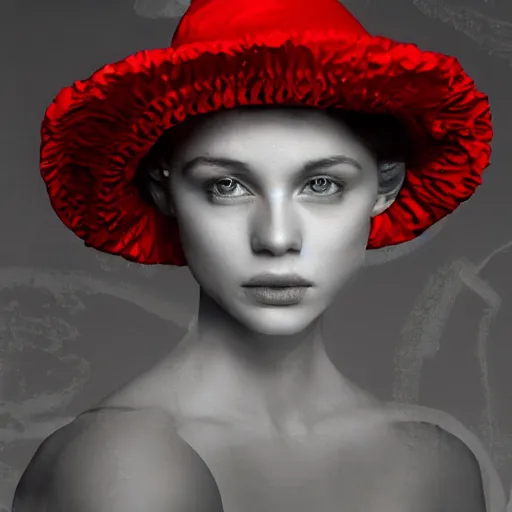 Image similar to half - length portrait of girl in a red hat and black dress, fine art portrait photography by paolo roversi, volumetric lighting, very detailed, high resolution,