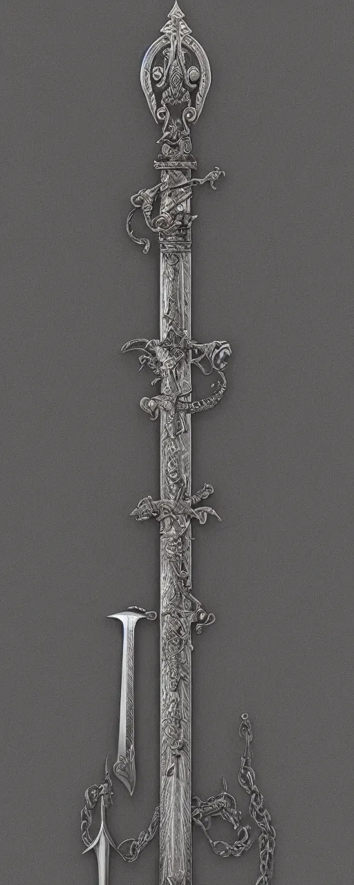 Prompt: sword of justice hanging on a wall, ornate gem in pommel, engraved blade, serrated point, herringbone floor, low angle, museum display, greg rukowski, boris vallejo