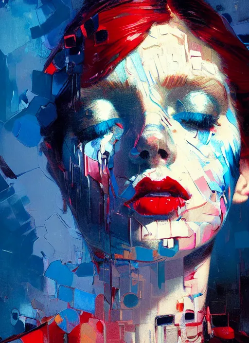 Prompt: portrait of beautiful girl, ecstatic, wonderful techno party, eyes closed, shades of red and blue, beautiful face, rule of thirds, intricate outfit, spotlight, by greg rutkowski, by jeremy mann, by francoise nielly, by van gogh, digital painting