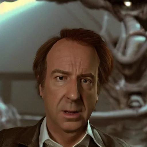 Image similar to film still of saul goodman in the role of ripley in aliens, unreal engine, uhd, by ridley scott and h r giger, very detailed, realistic