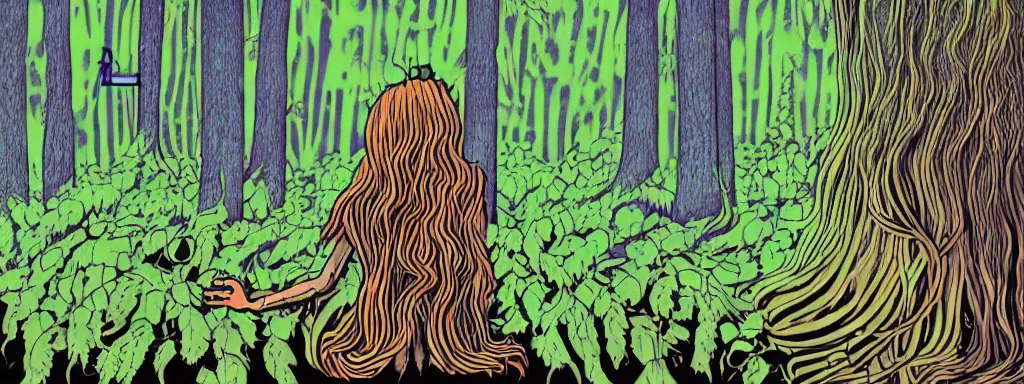 Image similar to a grunge technogaianist long-haired blonde digital musician playing modular synthesizer in the forest, technology and nature swirling in harmony, plugging vines into the synthesizer, trees swaying to the beat, postmodern surrealist concert poster, grainy, hand drawn matte painting by Tara McPherson and Gary Houston, smooth, sharp focus, extremely detailed, 50mm.