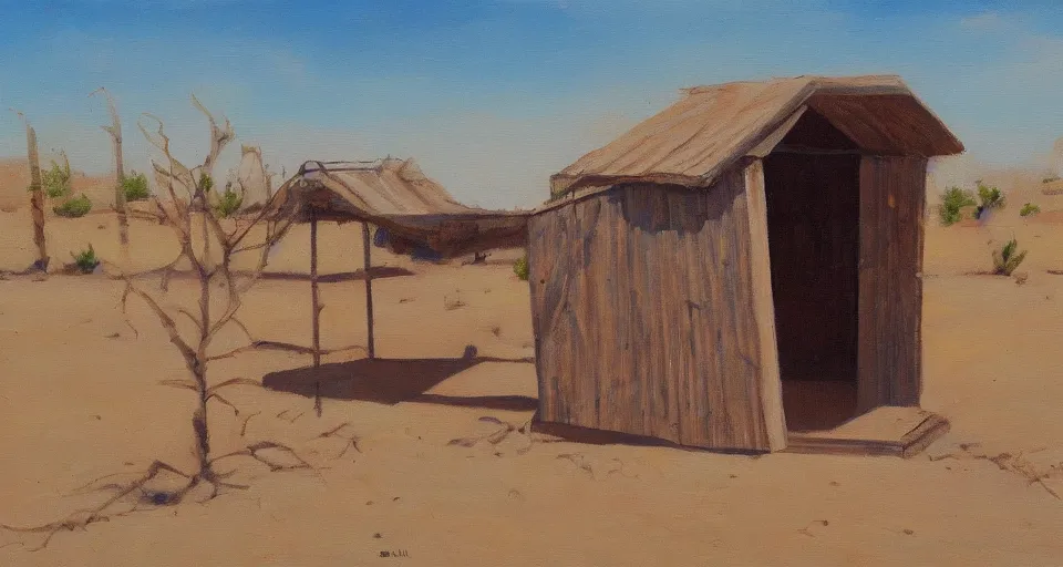 Image similar to a wooden shed in the desert, beautiful painting, oil on canvas, by ewa czarniecka, award winning masterpiece,