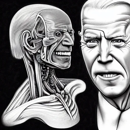 Image similar to anatomical diagram of Joe Biden cenobite, by H.R. Giger and Stephen Gammell and Greg Rutkowski