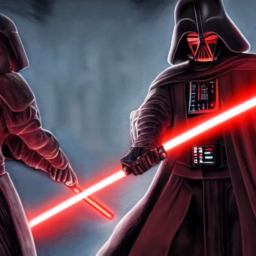 Image similar to darth revan dueling darth vader, artstation hall of fame gallery, editors choice, #1 digital painting of all time, most beautiful image ever created, emotionally evocative, greatest art ever made, lifetime achievement magnum opus masterpiece, the most amazing breathtaking image with the deepest message ever painted, a thing of beauty beyond imagination or words, 4k, highly detailed, cinematic lighting