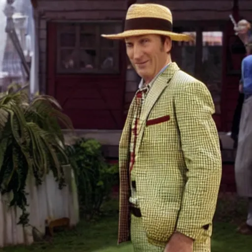 Prompt: film still of Bob Odenkirk as Stan S Stanman wearing a straw hat and checkerboard suit in the Monkey Island movie