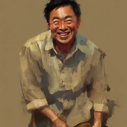 Prompt: a happy asian man, painted by Craig Mullins