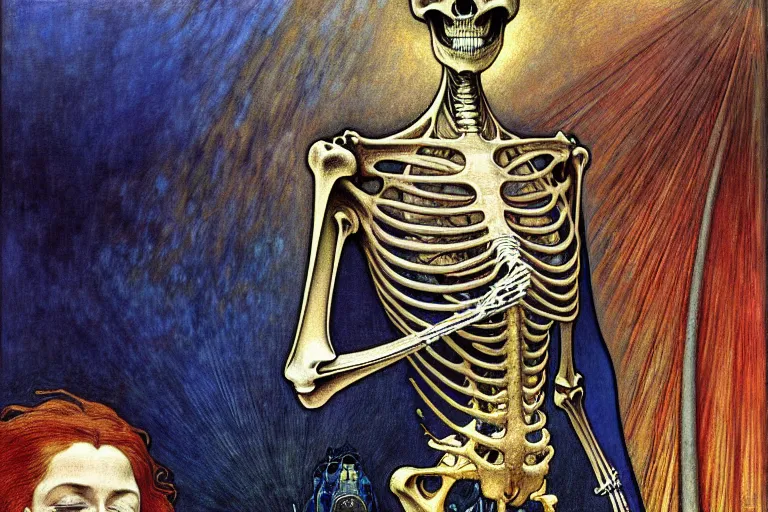 Prompt: realistic detailed closeup portrait painting of a single skeleton wearing a cape in a crowded futuristic street by Jean Delville, Amano, Yves Tanguy, Alphonse Mucha, Ernst Haeckel, Edward Robert Hughes, Roger Dean, rich moody colours, blue eyes