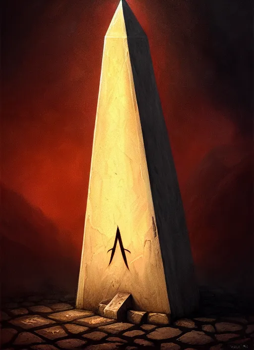 Image similar to portrait of a profane obelisk, evil altar, glowing evil runes, intricate, elegant, deep dark lighting, moody, atmospheric, grim dark, highly detailed, digital painting, artstation, concept art, smooth, sharp focus, illustration, art by wlop, mars ravelo and greg rutkowski