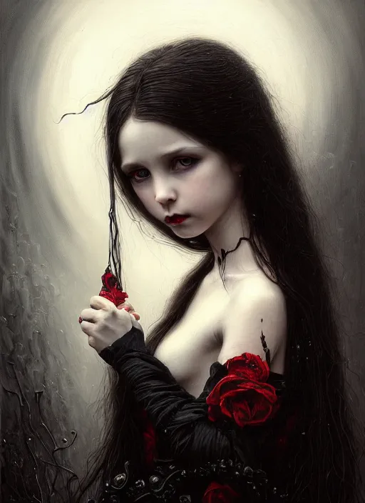 Prompt: highly detailed oil painting | very intricate | cinematic lighting | black, white and blood color scheme, dark background | portrait of a exquisite beautiful vampire little girl with long elegant tangles of black hair, eyes, gothic fog ambience, hyper realistic head, fantasy victorian art, in the style of greg rutkowski, zdizslaw beksinski, intricate, alphonse mucha