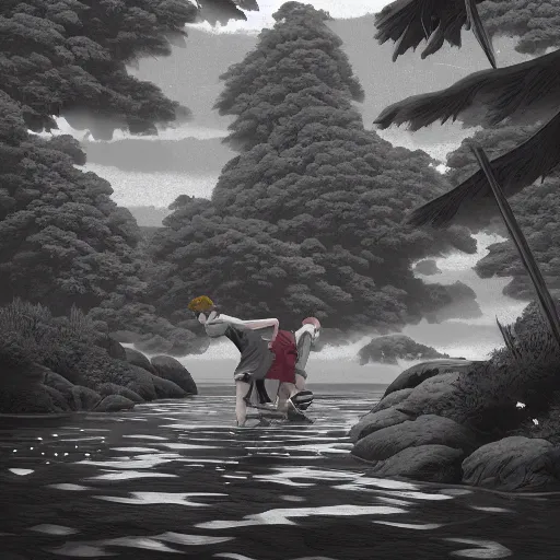 Image similar to character design, twin brothers doing nonsensical stuff in a river or something, in the style of killian eng kawase hasui james jean, artstation trending, 8 k, photorealistic, volumetric lighting caustics, black and white, detailed af