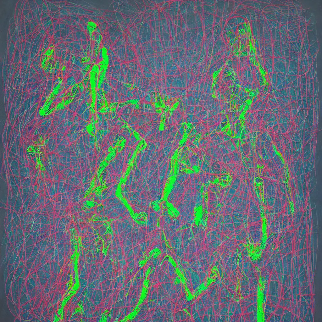 Image similar to two human figures anxiety, smiling, abstract, maya bloch artwork, ivan plusch artwork, cryptic, lines, stipple, dots, abstract, geometry, splotch, concrete, color tearing, uranium, acrylic, neon, pitch bending, faceless people, dark, ominous, eerie, minimal, points, technical, painting