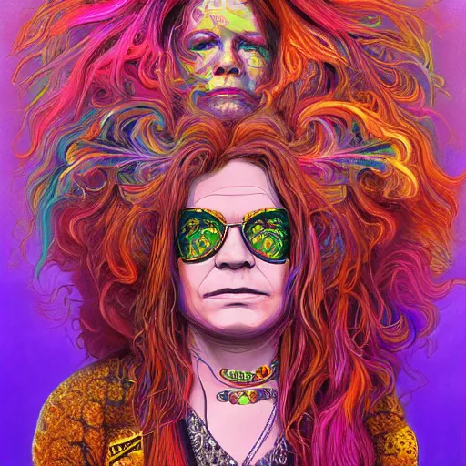 Image similar to An extremely psychedelic portrait of Janis Joplin, surreal, LSD, face, detailed, intricate, elegant, lithe, highly detailed, digital painting, artstation, concept art, smooth, sharp focus, illustration