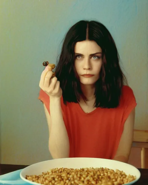 Image similar to 2 0 years old courtney cox eating cereal in her boyfriend's shirt, redshift, colour shift, wide shot, coloured polaroid photograph, pastel, kodak film, hyper real, stunning moody cinematography, by maripol, fallen angels by wong kar - wai, style of suspiria and neon demon, david hockney, detailed, oil on canvas