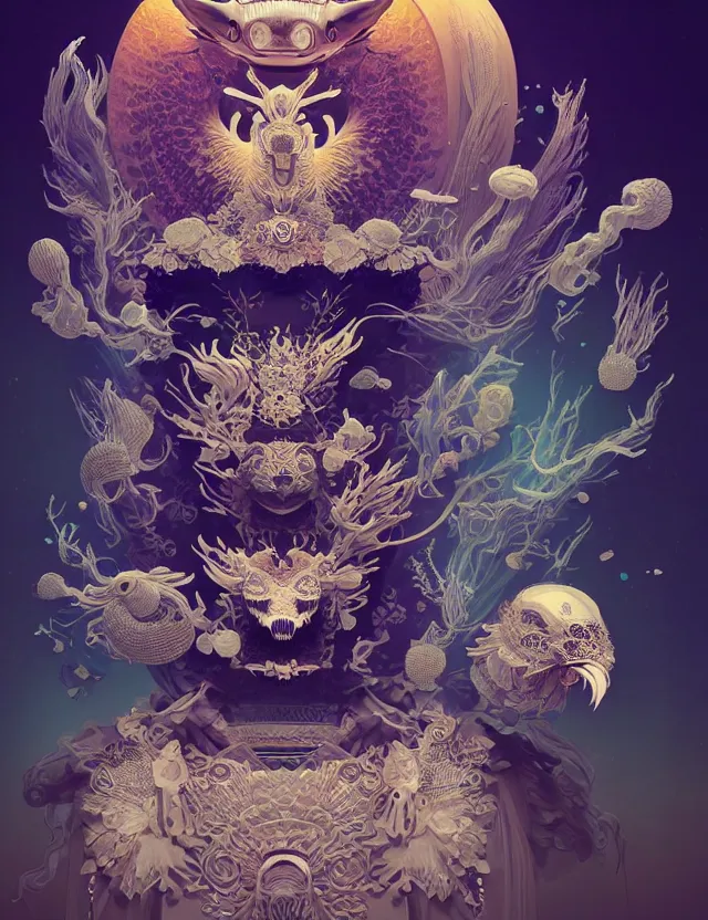 Image similar to 3 d chapel space frontal portrait with ram skull. beautiful intricately detailed japanese crow kitsune mask and clasical japanese kimono. betta fish, jellyfish phoenix, bio luminescent, plasma, ice, water, wind, creature, artwork by tooth wu and wlop and beeple and greg rutkowski