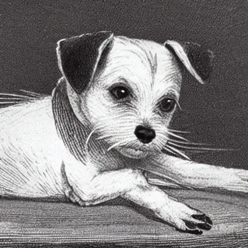 Image similar to closeup candid portrait of jack russel terrier crying on the dog bed, illustrated by peggy fortnum and beatrix potter and sir john tenniel