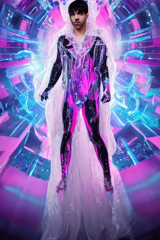 Image similar to full-body rococo and cyberpunk delicate crystalline sculpture of a muscular iridescent Joe Jonas as a humanoid deity wearing a thin see-through plastic hooded cloak sim roupa, posing like a superhero, glowing pink face, crown of white lasers, large diamonds, swirling black silk fabric. futuristic elements. oozing glowing liquid, full-length view. space robots. human skulls. throne made of bones, intricate artwork by caravaggio. Trending on artstation, octane render, cinematic lighting from the right, hyper realism, octane render, 8k, depth of field, 3D