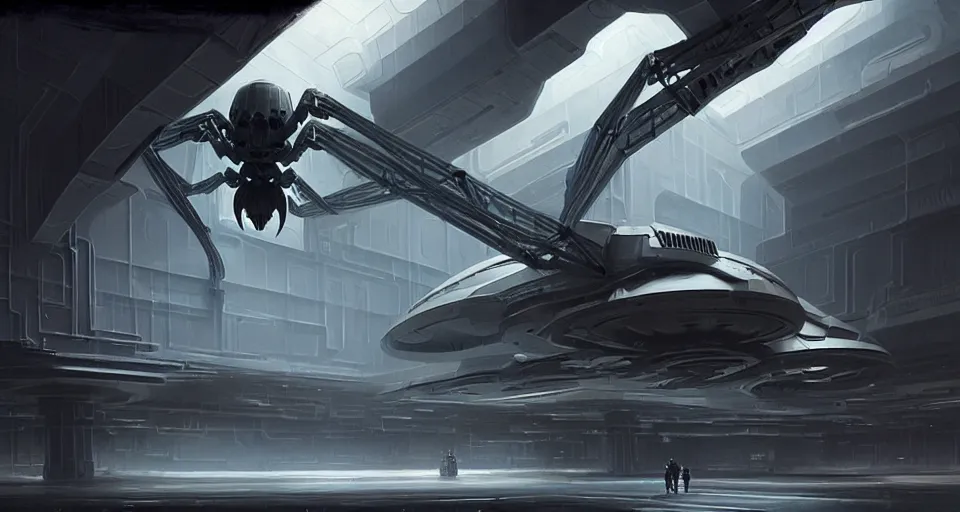 Prompt: hyper realistic sci - fi matte concept art painting of a giant spiderbot in a starship hanger, beautiful details, strong composition painted by kim jung guweta studio rutkowski, james gurney and greg rutkowski, and lucasfilm, smooth, intricate, detailed, sharp focus, cinematic