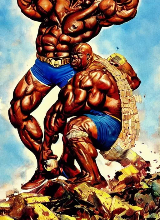 Prompt: full body and head portrait of huge mutant ronnie coleman as marvel's juggernaut, dynamic action, painted by norman rockwell and phil hale and greg staples and tom lovell and frank schoonover and jack kirby