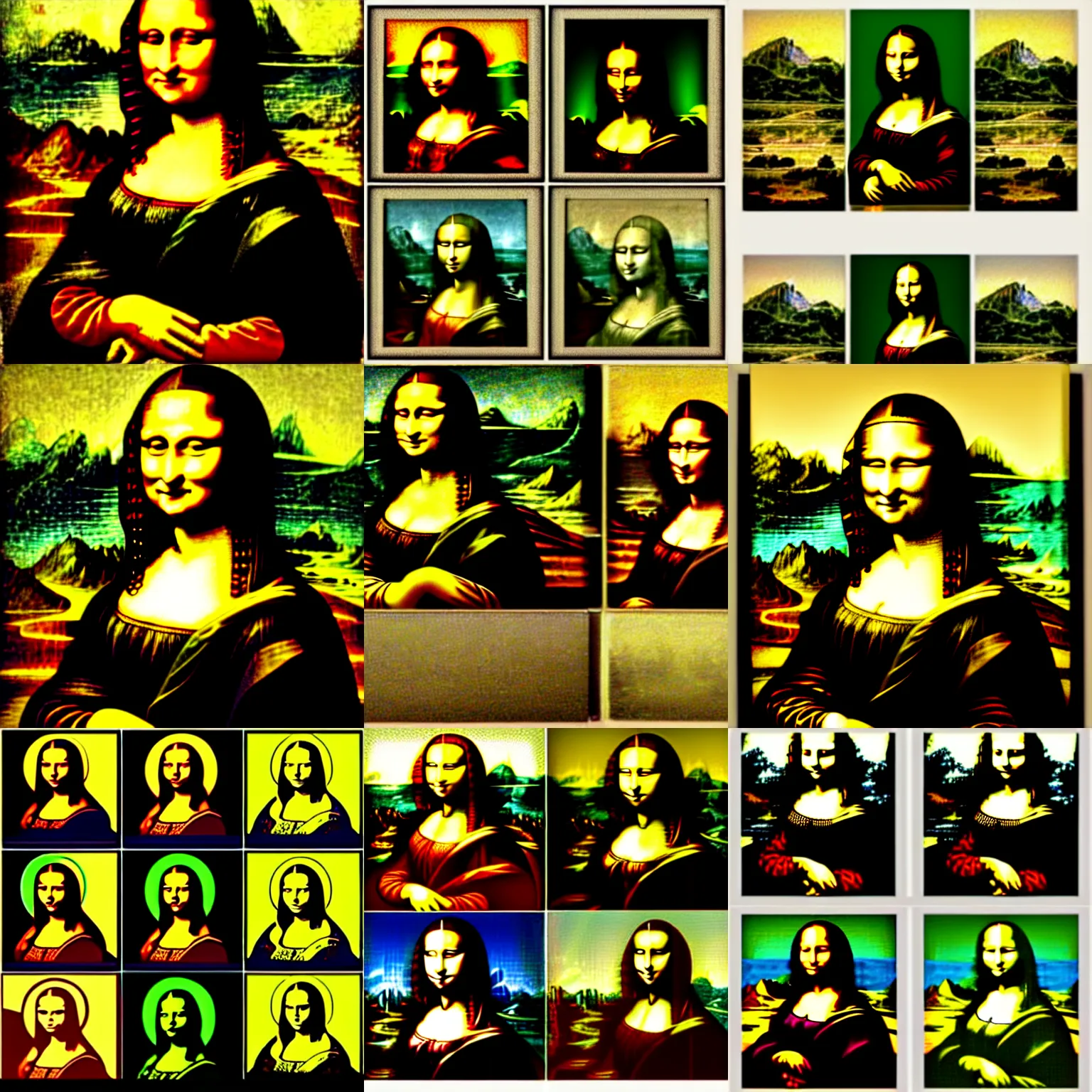 Prompt: picture divided into four equal areas. each area contains a different image of of The Mona Lisa by various painters