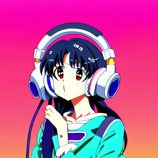 Image similar to An anime character's head wearing retro headphones. 90s anime, Sailor Moon, Neon Genesis, official art, flat cell shading, fantastic screenshot art, trending on artstation, muted nostalgic colors