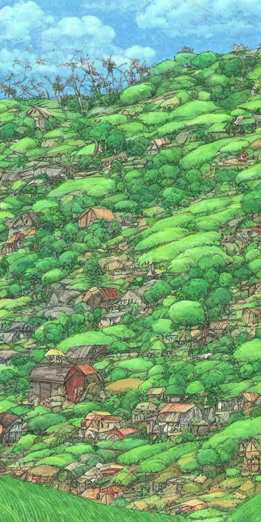 Image similar to Farm on the hillside containing various crops and fruits, landscape, very detailed, art by Studio Ghibli