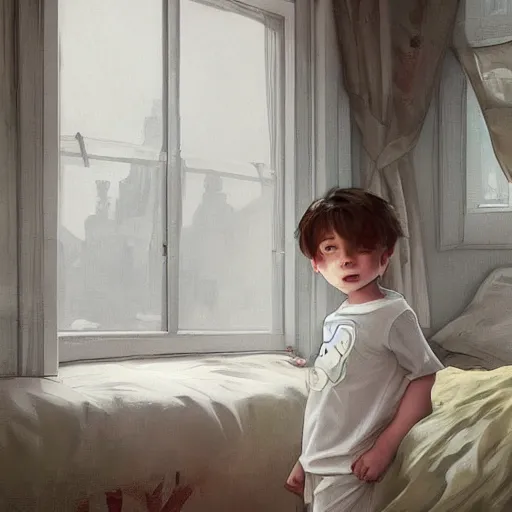 Image similar to young boy wearing white fabric pajama with cartoon paintings on it infront of the window in his room and staring outside. highly detailed, digital painting, artstation, concept art, smooth and sharp focus, cg by tian zi and wlop and alphonse mucha