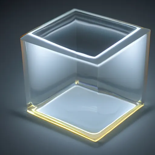 Image similar to an ultra high definition professional studio quality photograph of a transparent perspex cube shaped pastel coloured ashtray on a white plinth in an empty white room. dramatic lighting, ray tracing, refraction, shallow d. o. f, colour corrected, golden ratio, three point light.