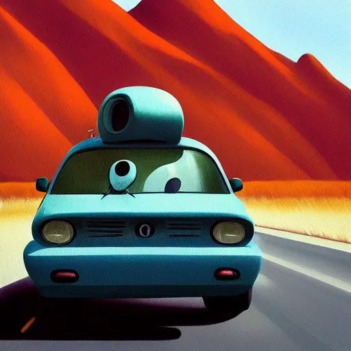 Prompt: goro fujita ilustration car on the highway, in the distance you can see the mountains, painting by goro fujita, sharp focus, highly detailed, artstation