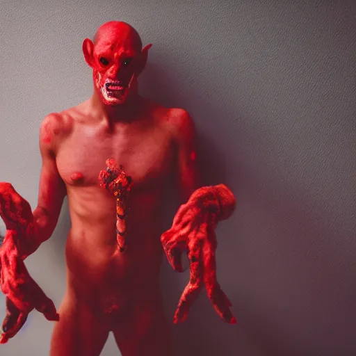 Image similar to A demon, four eyes, four hands, four legs, red skin, epic lighting, taken with Sony a7R camera, EOS-1D, f/1.4, ISO 200, 1/160s, 8K, RAW, unedited, symmetrical balance, in-frame