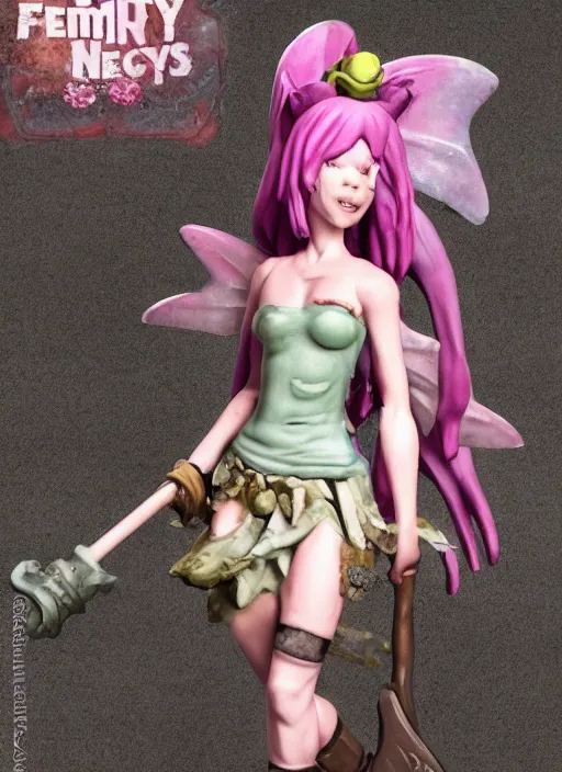 Prompt: an ominous femo figurine of a cute funny axe wielding fairy with bandages wearing a dirty floral torn dress featured on left 4 dead by studio ghibly and gamesworkshop, carrying survival gear, dark and moody atmosphere, wide angle, dynamic dancing pose, 🎀 🪓 🧚