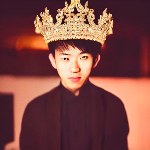 Image similar to Portrait of a handsome asian young man wearing a crown and jewelry, fashion, cinematic lighting, captured in low light, sharp focus, detailed, cinestill 800t