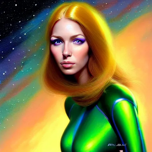 Image similar to a portrait of a very beautiful woman in a spacesuit, Alexandria\'s genesis, shoulder-length red-blonde hair, brilliant green eyes, bored, illustration, soft lighting, soft details, painting oil on canvas by mark arian by artgerm, trending on artstation, 4k, 8k, HD