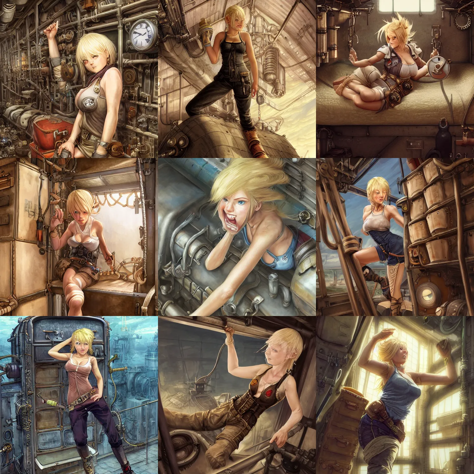 Prompt: Character portrait of a tank top-clad blonde female airship mechanic stretching and yawning in her cramped bunk, steampunk, defined facial features, highly detailed, digital illustration, Akihiko Yoshida, James_Jean_Andrei_Riabovitchev_Marc_Simonetti, Yoshitaka Amano