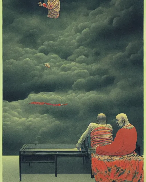 Image similar to early color photo of an old dead couple sitting on a couch in an old soviet apartment and looking at the scared enlightened boy flying up in sky, Beksinski impasto painting, part by Adrian Ghenie and Gerhard Richter. art by Takato Yamamoto, masterpiece