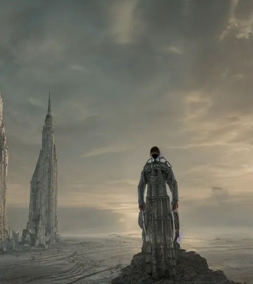 Image similar to andrei tarkovsky greatest scene, epic tower of babylon destroyed, ethereal, ancient, a majestic woman in a futuristic cyber clothing, transparent puffer jacket, hyperrealistic, blockchain, cyber world, ambient lighting, concept art, intricate sky, hyper - detailed, smooth, dynamic volumetric lighting, octane render, ray tracing, cinematic, high quality, cgsociety