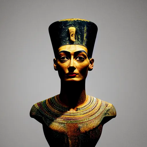 Prompt: A beautiful 3/4 body portrait of a bust of Nefertiti made from translucent plasticized wagyu beef, backlit, studio lighting, 4K photorealistic, very detailed octane 3D, low key lighting