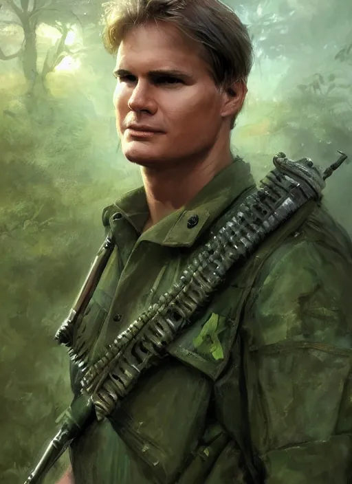 Image similar to portrait of a young richard dean anderson wearing a green combat uniform, in a post appocalyptic city overgrown by plants, by stanley artgerm lau, by wlop, by luis royo, by greg rutkowski, cover illustration, concept art, volumetric lighting, volumetric atmosphere, sharp focus, octane render, trending on artstation, 8 k