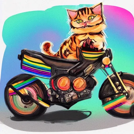 Image similar to wide angle full body, jacket wearing fluffy cute rainbow kitten wearing a black leather motorcycle jacket, riding on a motorcycle, cinematic concept art