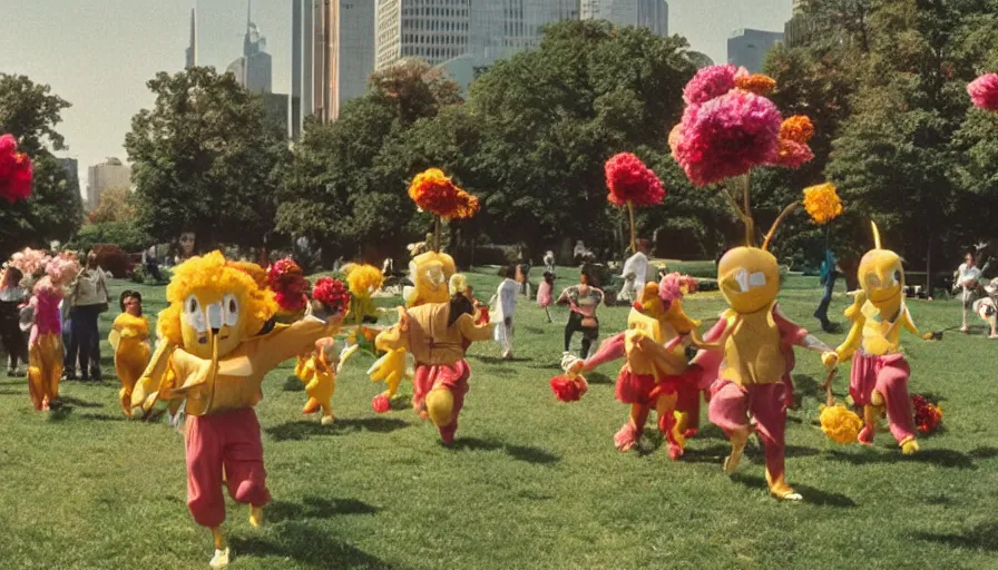 Image similar to 1990s candid photo of a beautiful day at the park, cinematic lighting, cinematic look, golden hour, large personified costumed flower people in the background, Enormous flower people mascots with friendly faces chasing kids, kids talking to flower people that are kinda scary and ruining the day, UHD